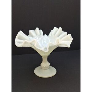 Vintage Portugal Ivima Glass Milk Glass Diamond Point Footed Compote‎